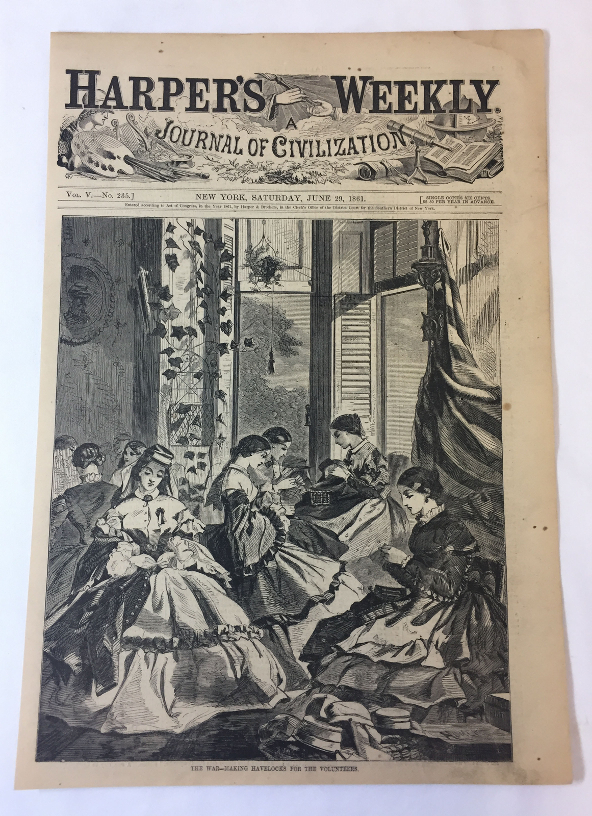 1861 magazine engraving~MAKING HAVELOCKS FOR VOLUNTEERS Civil War