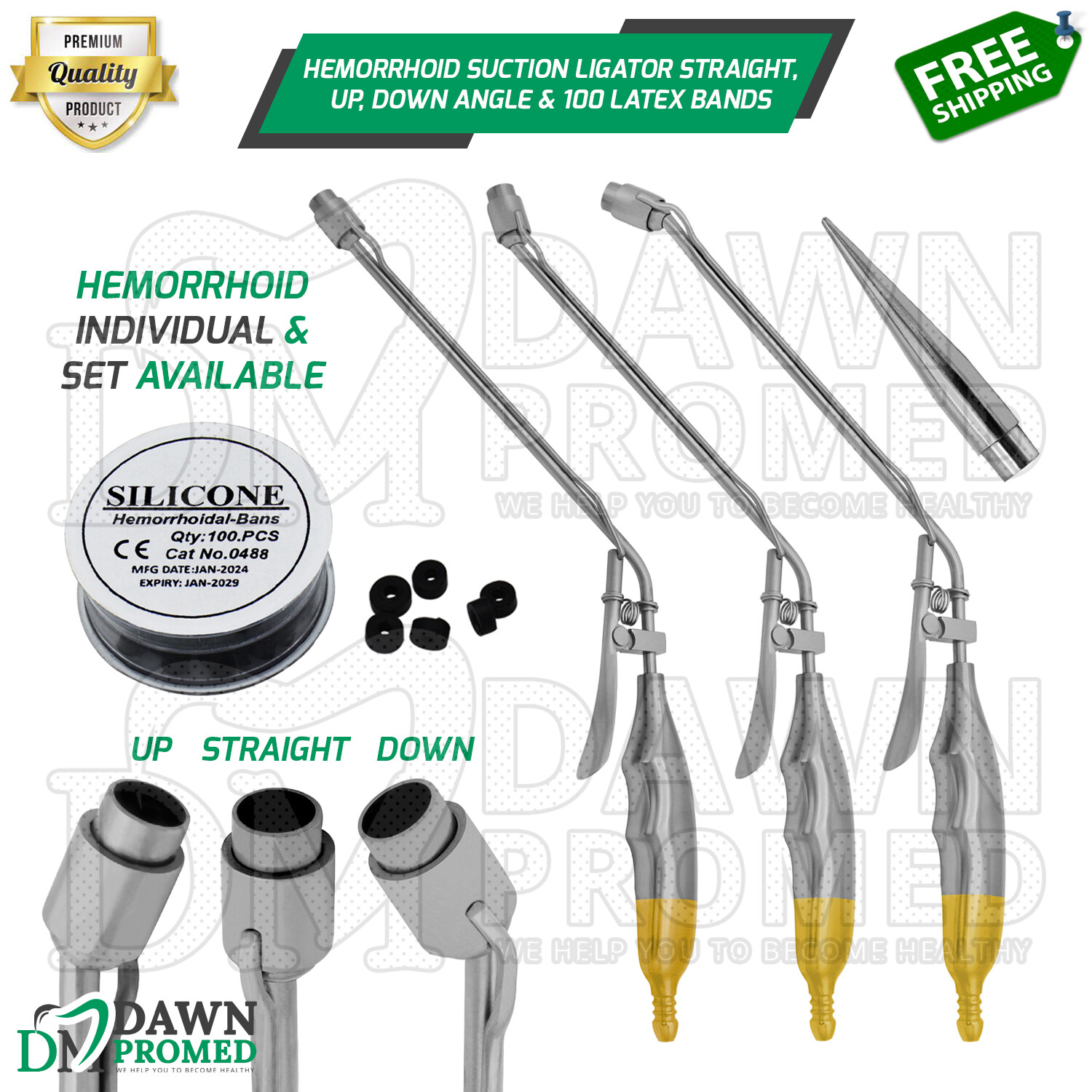 Hemorrhoid Suction Ligator Straight Up Down & 100 Latex Band Surgical Instrument