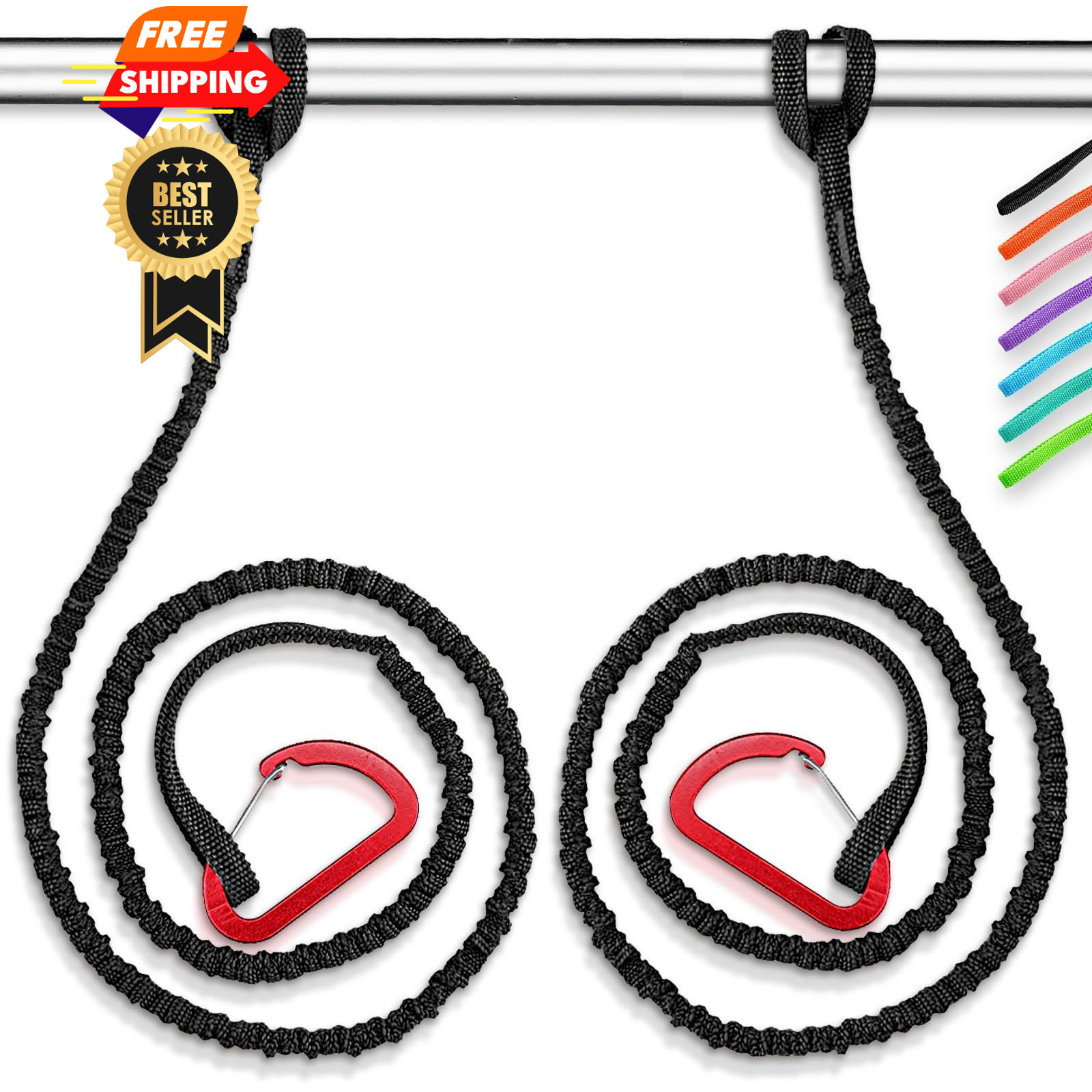 OCEANBROAD Kayak Paddle Leash with D-Ring Stretchable 4-7ft (2 pcs), Black