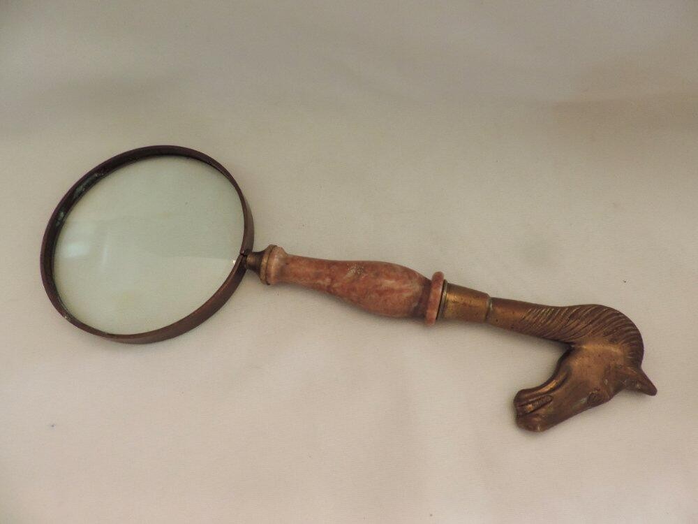 Large Vintage Brass Horse Head Stone Handled Desk Magnifying Glass 11"
