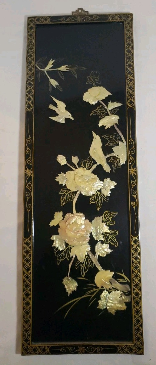 Vintage MCM 4-Panel Mother of Pearl/Black Lacquer Asian Art Wall Panels 36"x12"