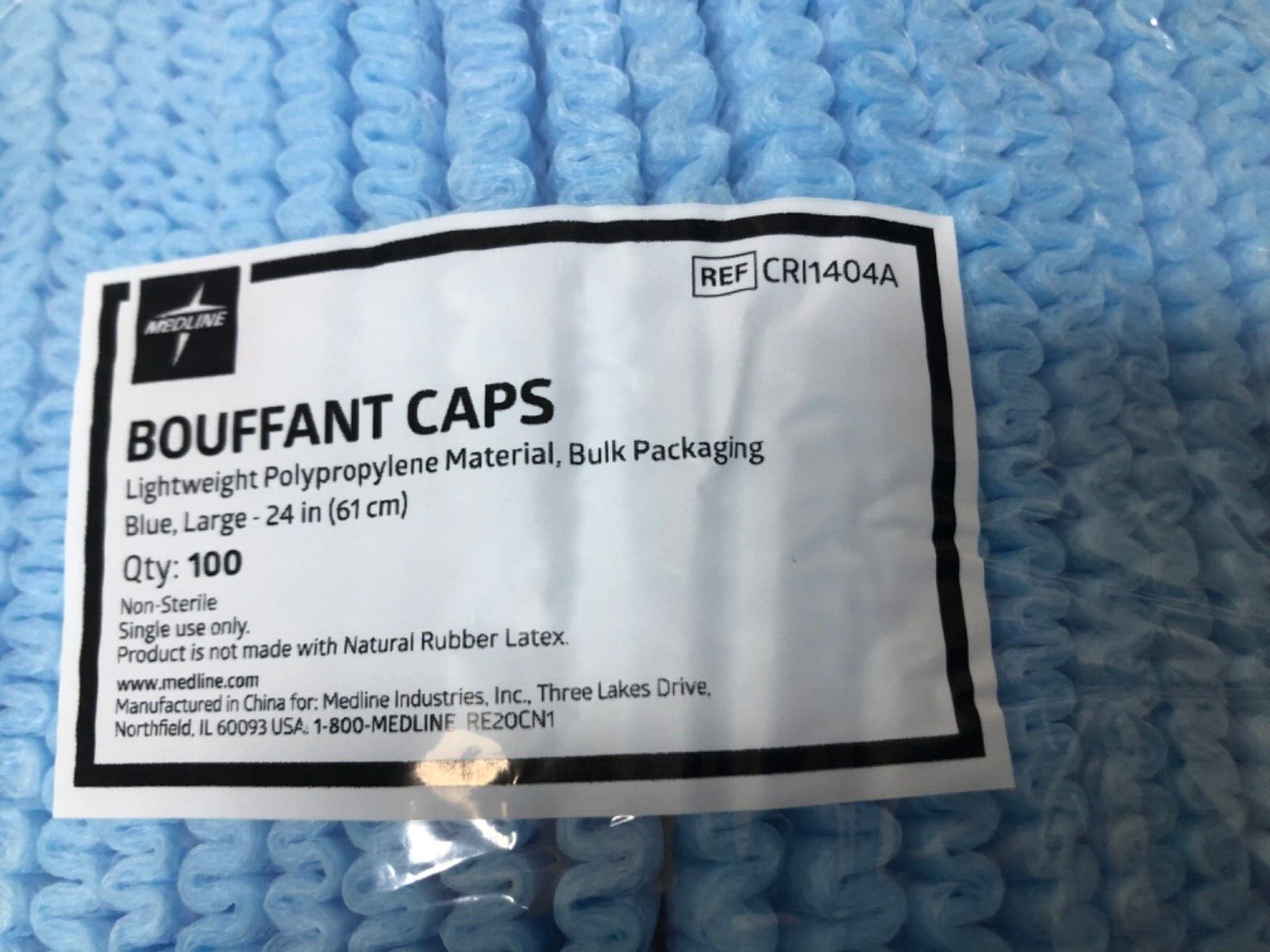 1000 Case - Medline 24" Blue Bouffant Cap Non Woven Disposable Hairnet CRI1404A