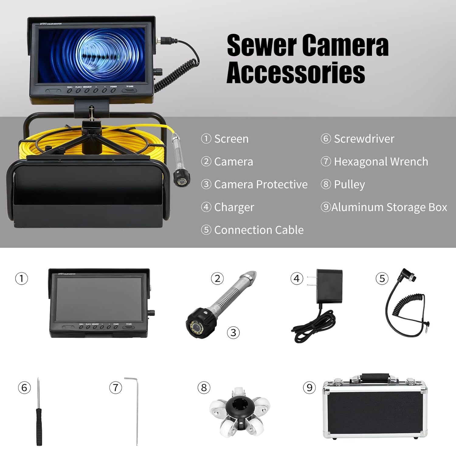 Sewer Camera 100FT/30m Self-Leveling Drain Camera with 1080P HD 9” Screen 16GB