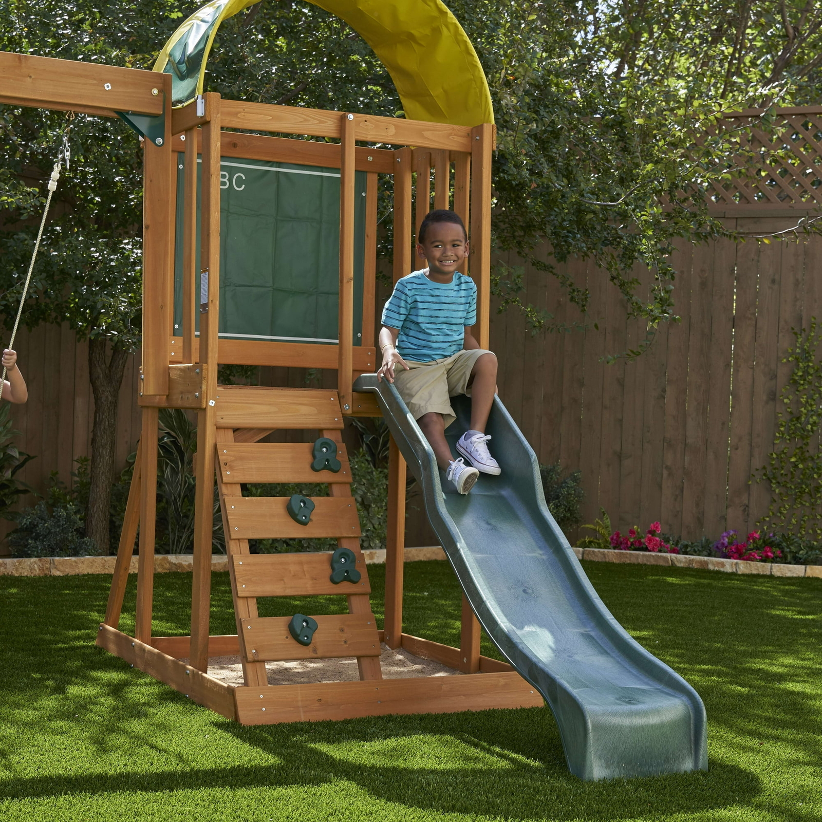 Outdoor Swing Set Playground Slide Chalk Wall Sandbox Rockwall Kids Backyard Fun
