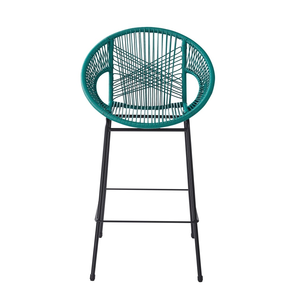 2 Teal & Black Patio Bar Stool Set, Faux Rattan Wicker, UV Resistant