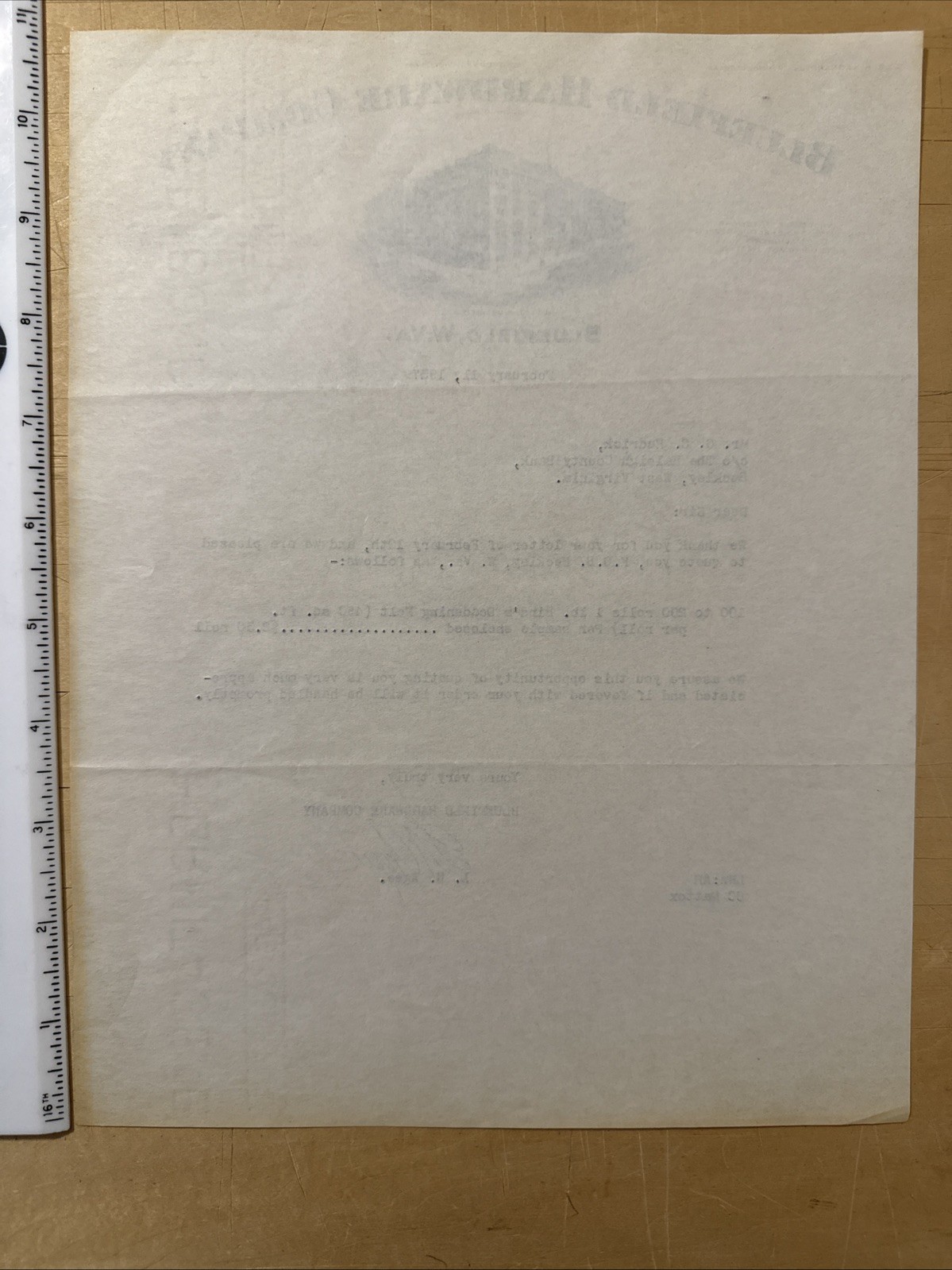 1937 Bluefield Hardware Co. Letter - Bluefield, West Virginia.
