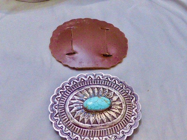 EARLY HAND STAMPED SIGNED NAVAJO STERLING SILVER SPIDER WEB TURQUOISE CONCHO