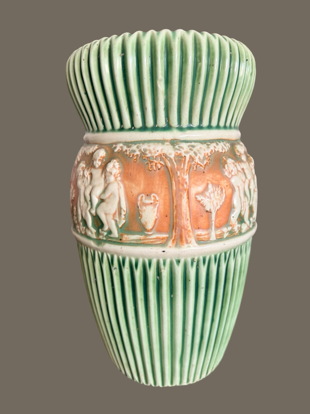 Large Antique Roseville Donatello Tall Vase Cherub Art Pottery Green 1916