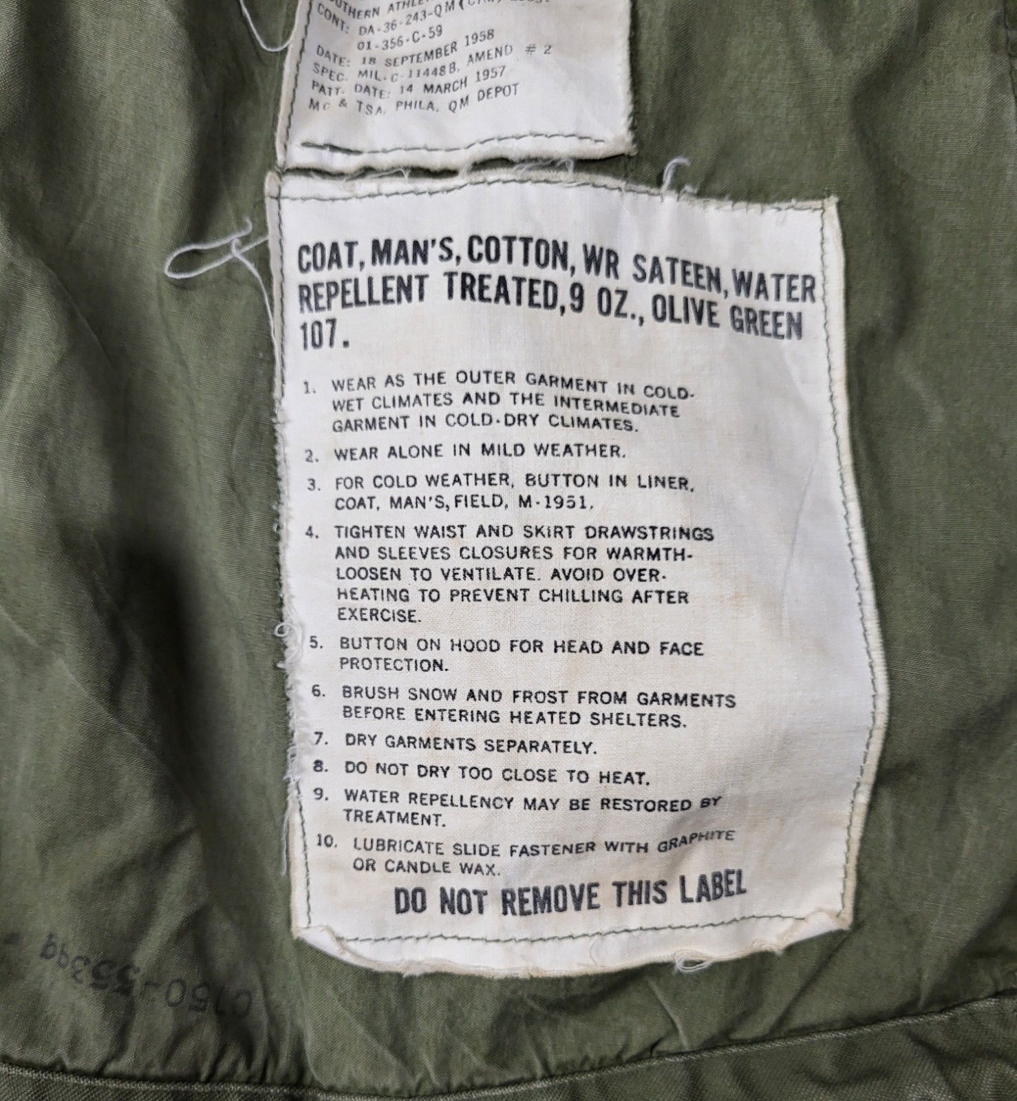Vintage US Military OG-107 Sateen M51 Field Jacket Olive Green Regular XS 1958