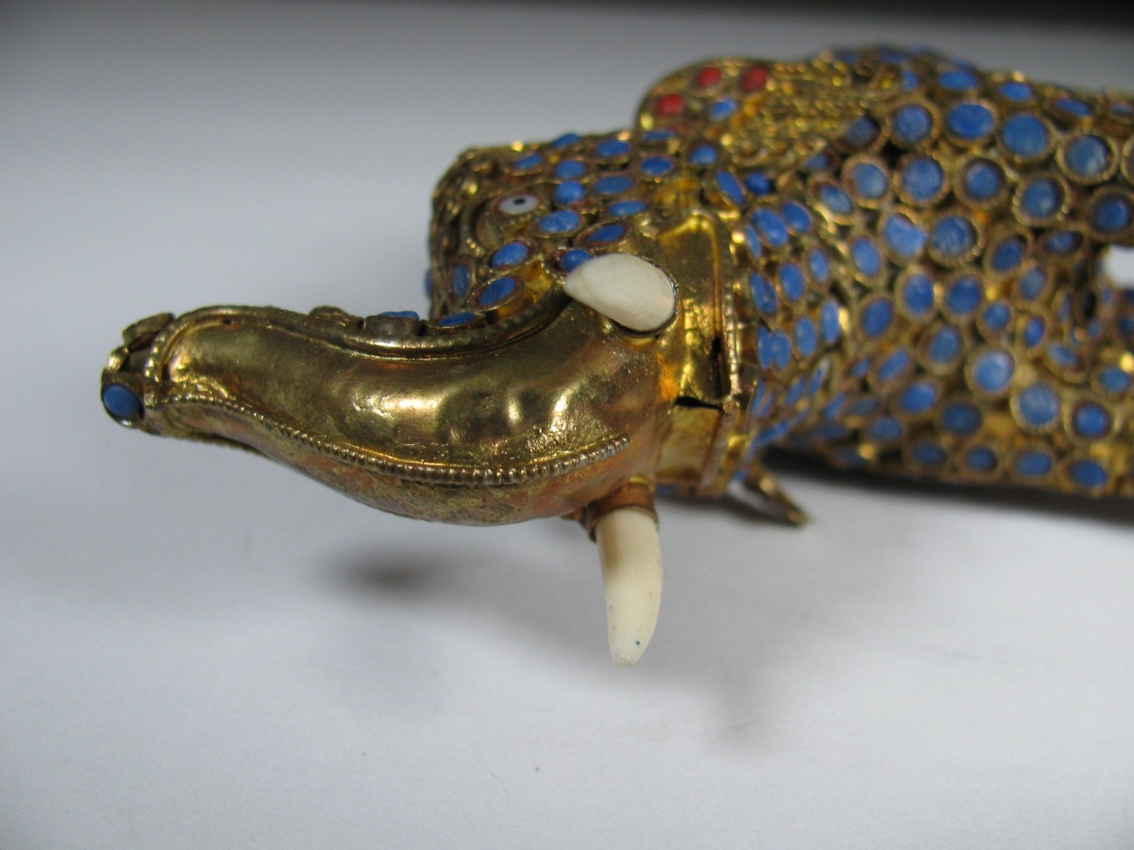 Lot 2 Vintag Tibet or Nepal Elephant Brass Lapis Coral Inlaid Filigree Figurine