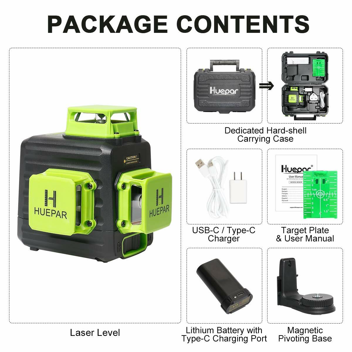 3D Cross Line Self leveling Laser Level Green Beam with Type-C Charging Port