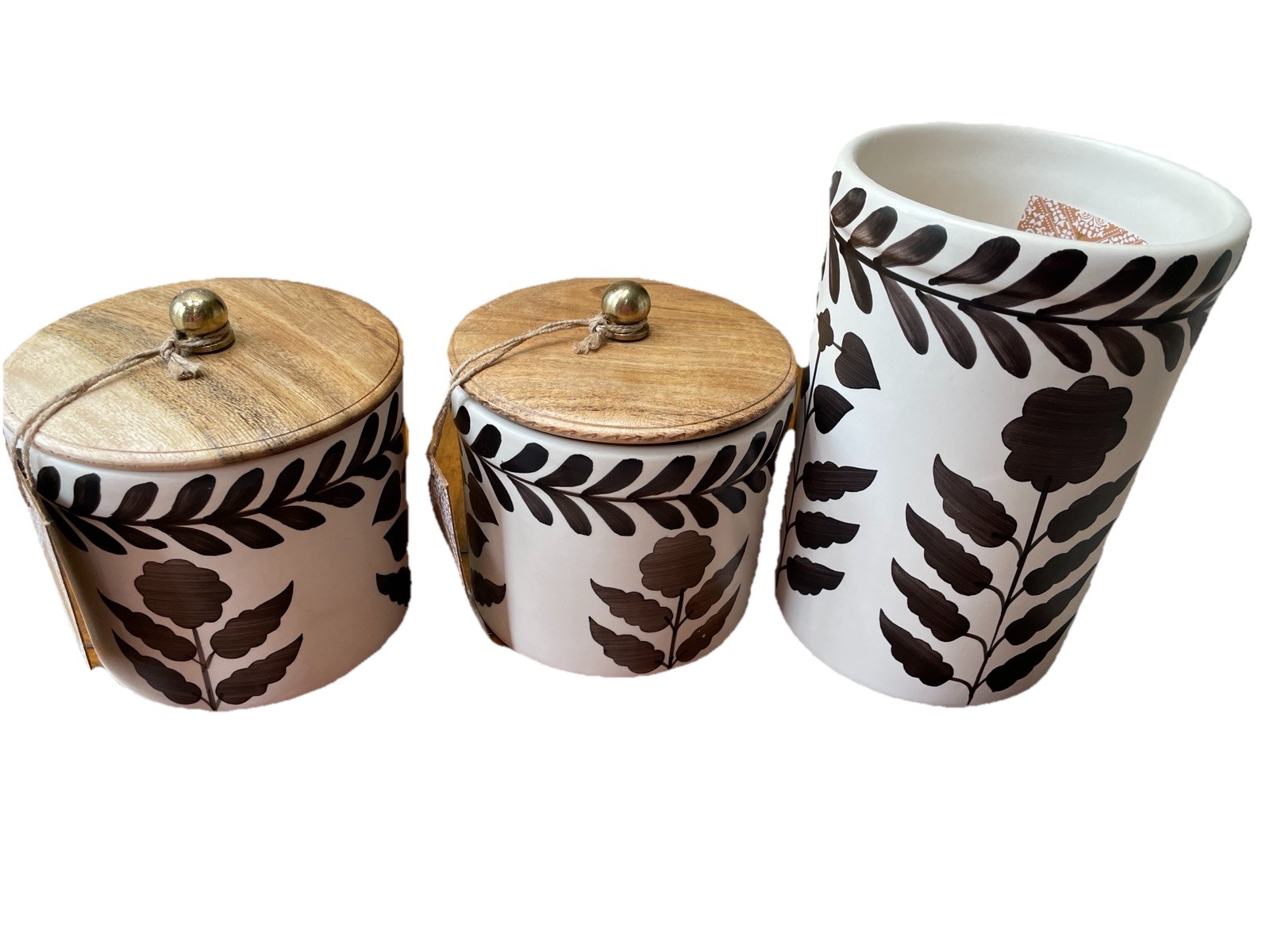 TikTok Brown And White Floral Canisters w/ Utensil Crock NEW 3 Pc Set