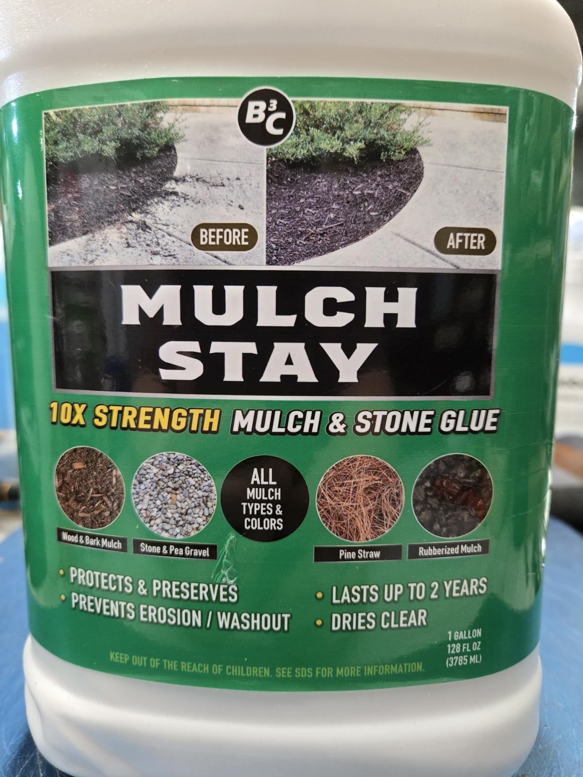 B3C Mulch Stay 10X Strength Mulch & Stone Glue- Dries Clear- 1 Gallon