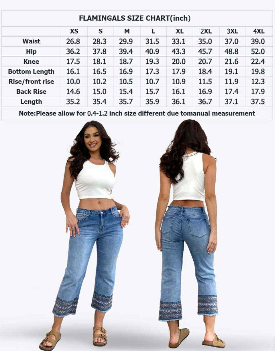 Flamingals Sz M Straight Leg Jeans Low Rise Cropped Wash Embroidery Raw Hem