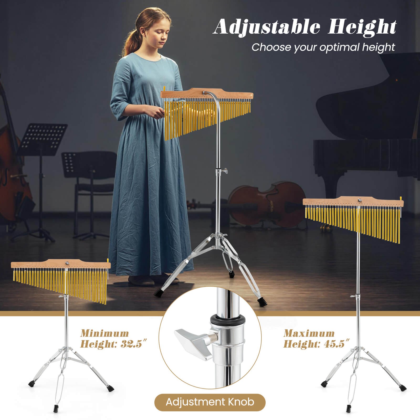 36-Bar Chimes Percussion Instrument w/Foldable & Adjustable Stand, Portable Bag