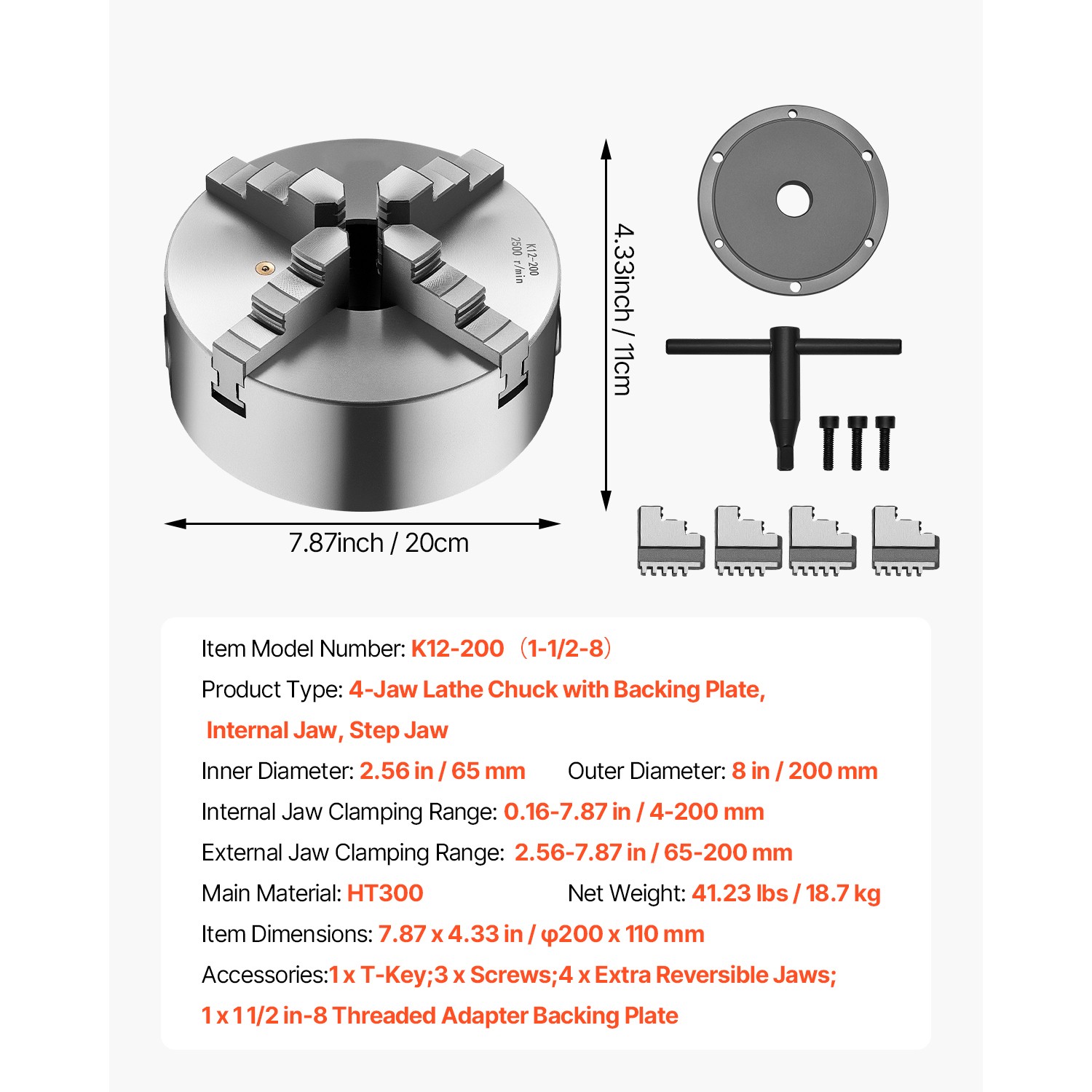 8 In 4-Jaw Self-Centering Lathe Chuck with 1 1/2 in-8 Backing Plate