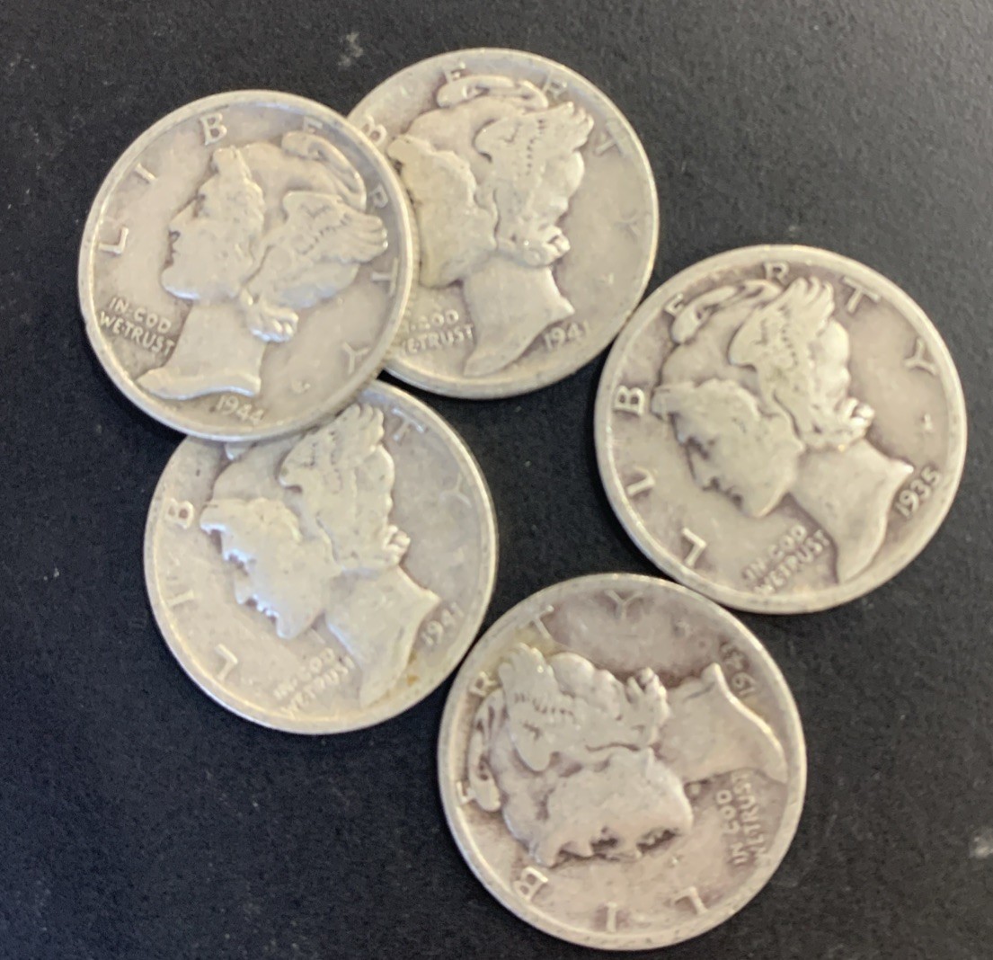 1916-1945 Mercury Dimes (5) Mixed Dates .900 Silver.