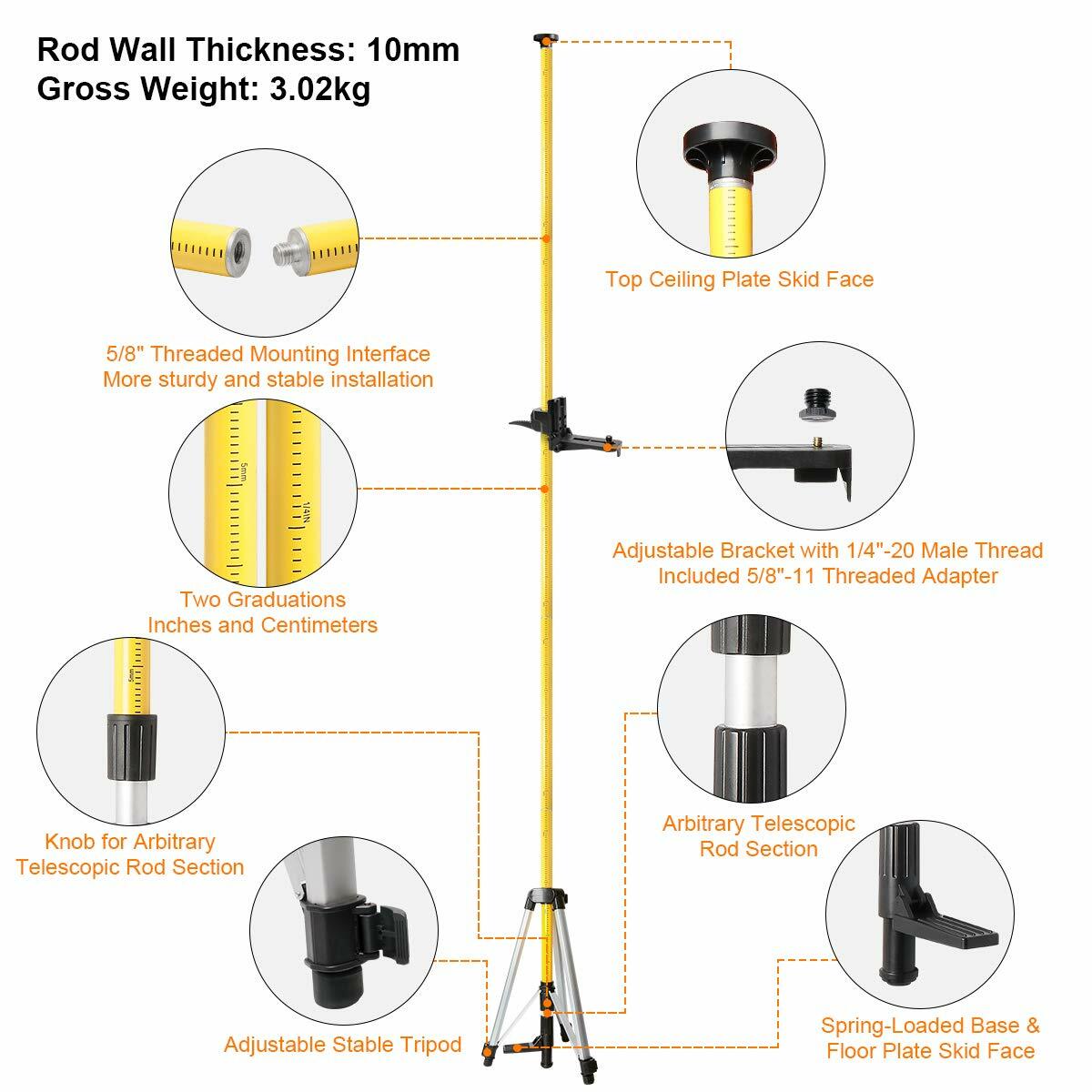 Huepar 12 Ft/3.7m Adjustable Telescoping Pole for Rotary and Line Lasers level