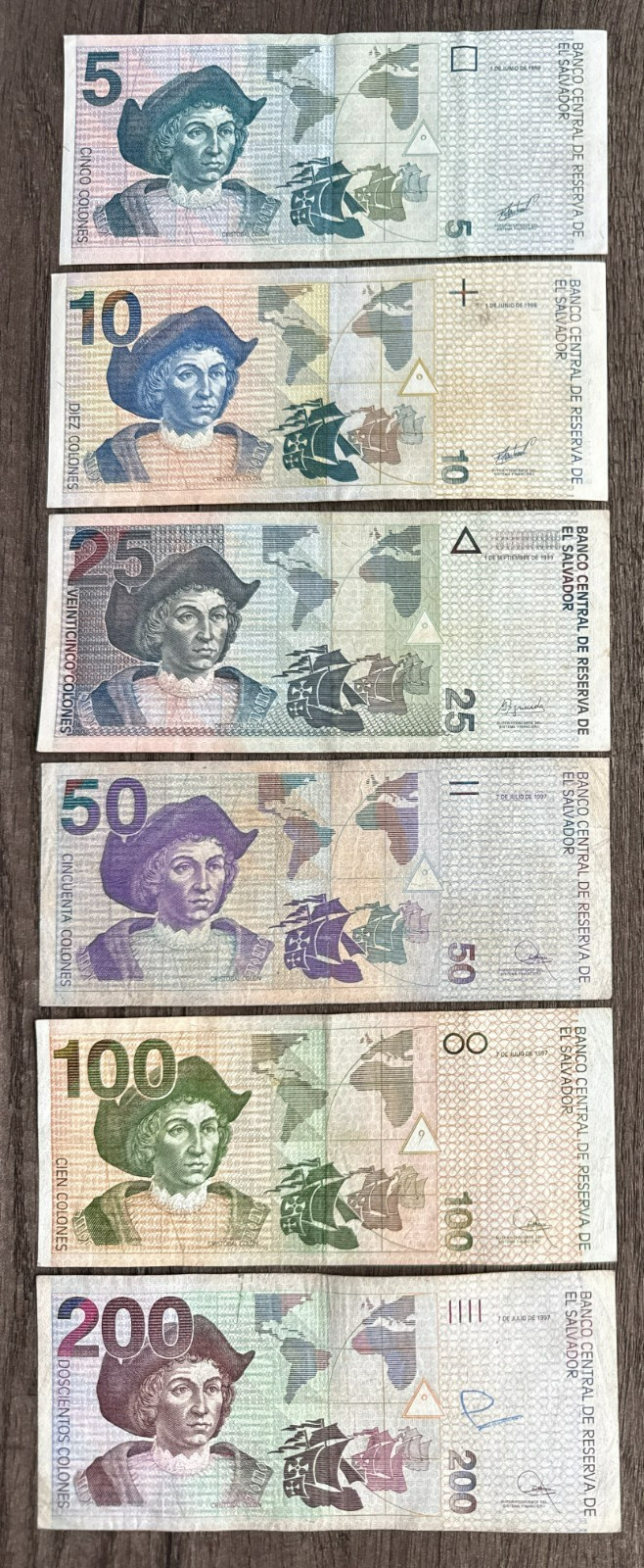 EL SALVADOR COMPLETE 1997 SET THE 1ST YEAR OF THIS DESIGN 5+10+25+50+100+200 COL