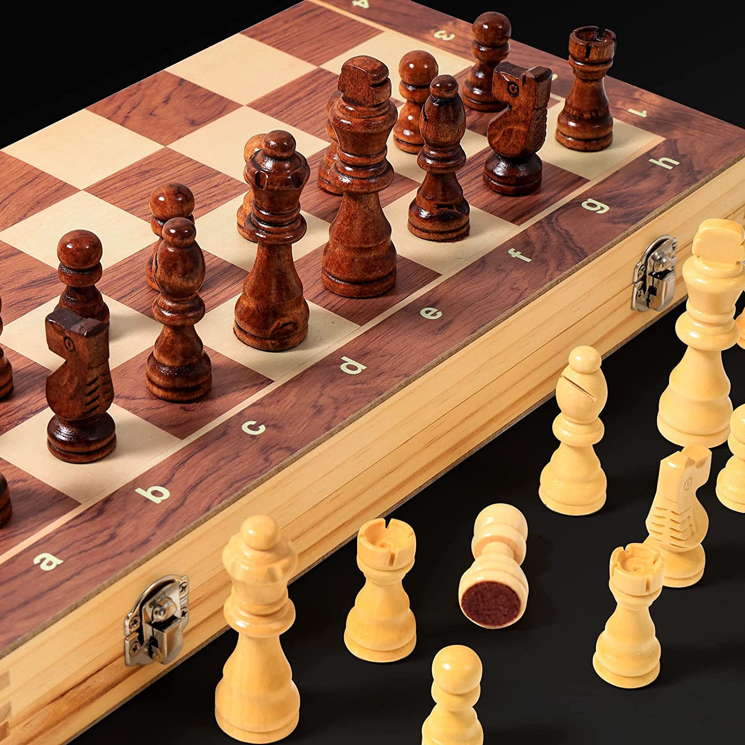 15" x 15" Magnetic Wooden Folding Chess Set with 2 Extra Queens, Handmade Game B