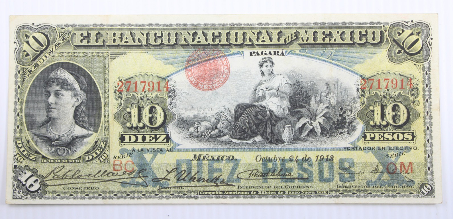 El Banco Nacional De Mexico, 10 Pesos, 1913, VF+, P-S258e #408