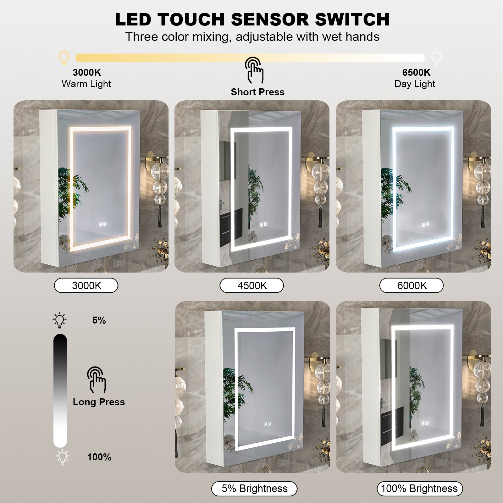 LED Medicine Cabinet with Light Wall Mounted Mirror Cabinet Anti-Fog 3-Color New