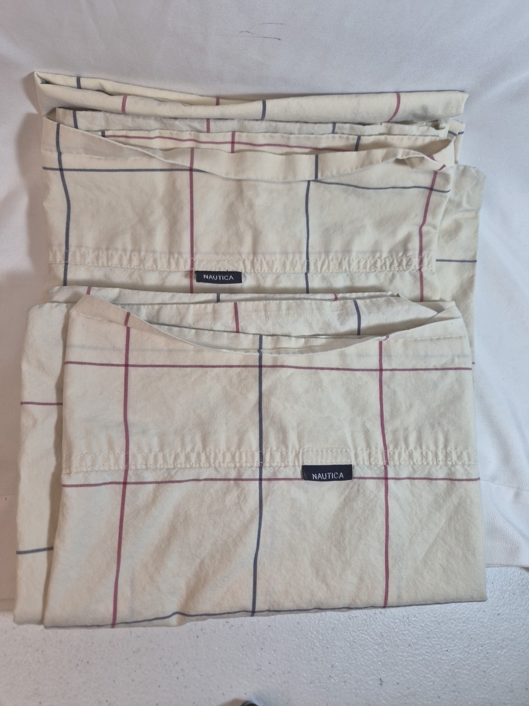 2- VTG Nautica Pillowcases 100% Cotton King & Queen #67468 Cream Grid Navy Check