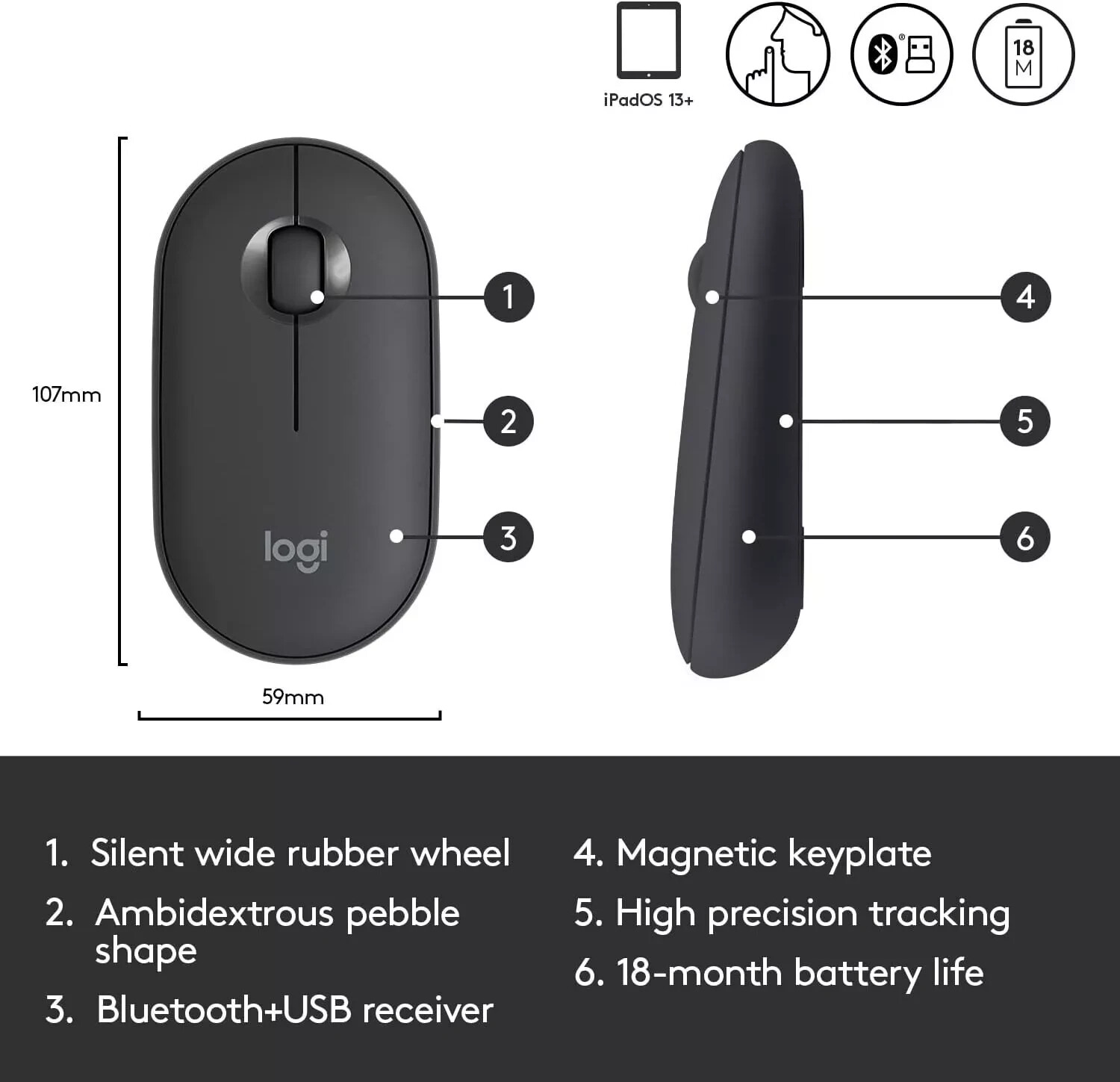 Logitech Pebble i345 Wireless Bluetooth Mouse for iPad, Graphite (910-005948)