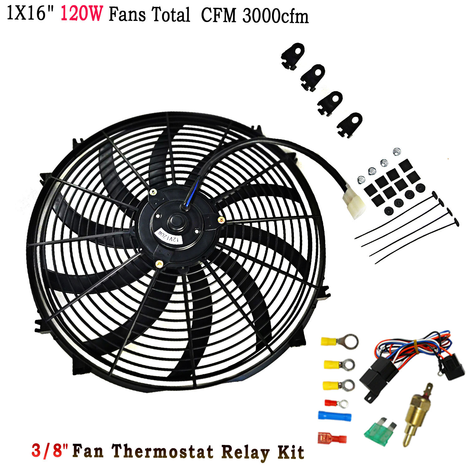 16" 3500 CFM ELECTRIC RADIATOR FAN HIGH THERMOSTAT WIRING SWITCH RELAY KIT