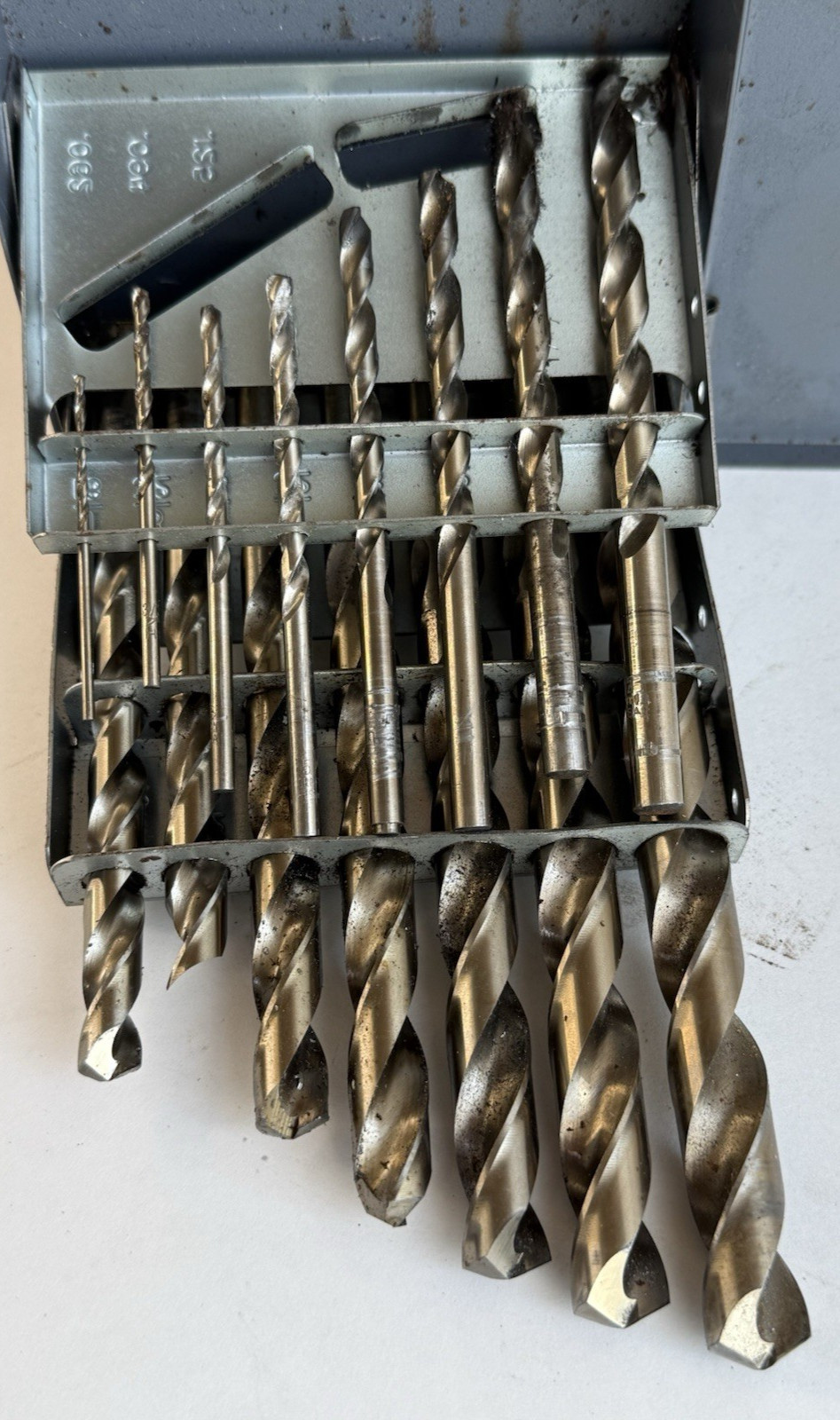 Vintage Drill Bit Holder HUOT 1/16 To 1/2 By 1/32 with assorted bits / used