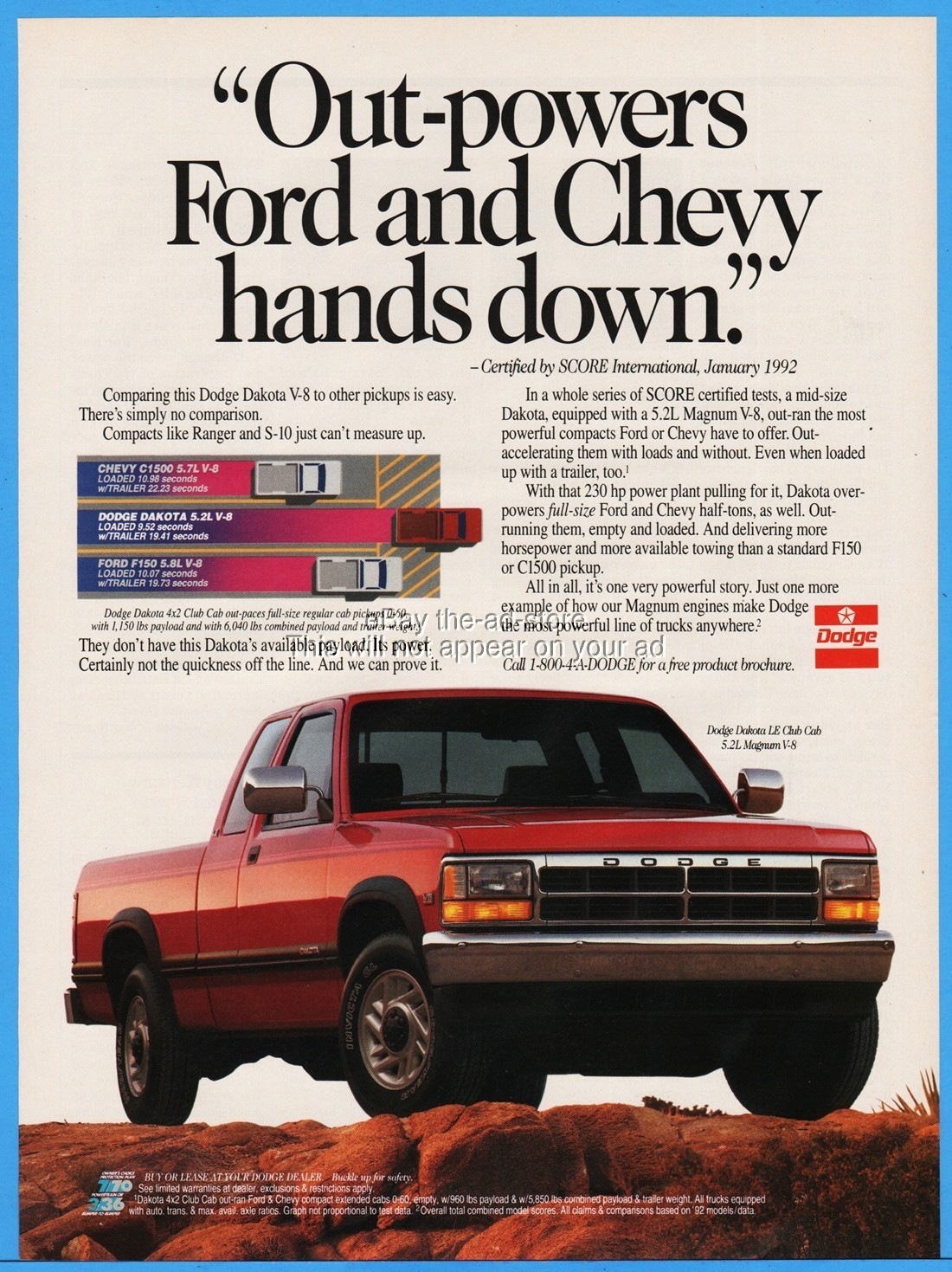 1993 Dodge Dakota LE Club Cab 5.2L Magnum V8 Pickup Truck Vintage Photo Print Ad