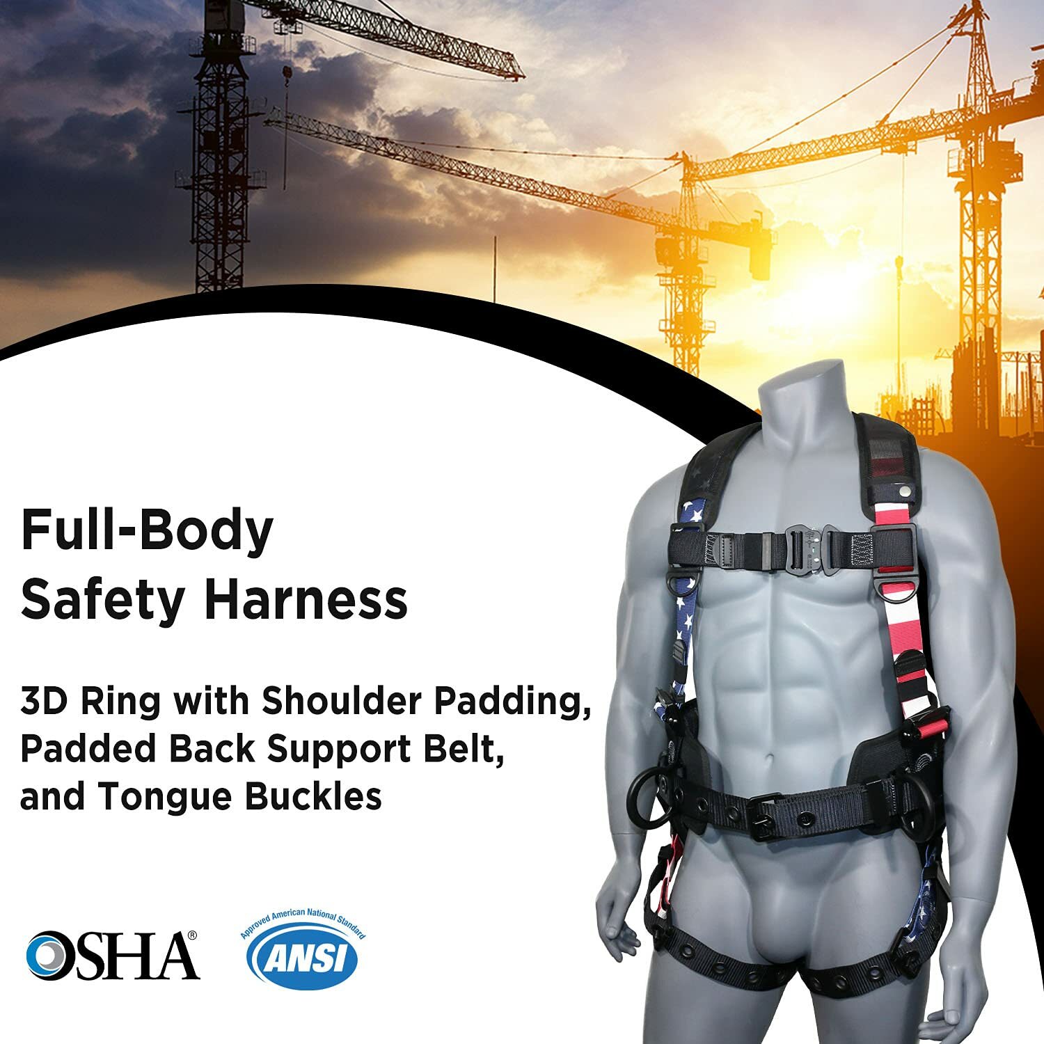 AFP Fall Protection Full-Body Safety Harness Premium American Flag Bad Boy New
