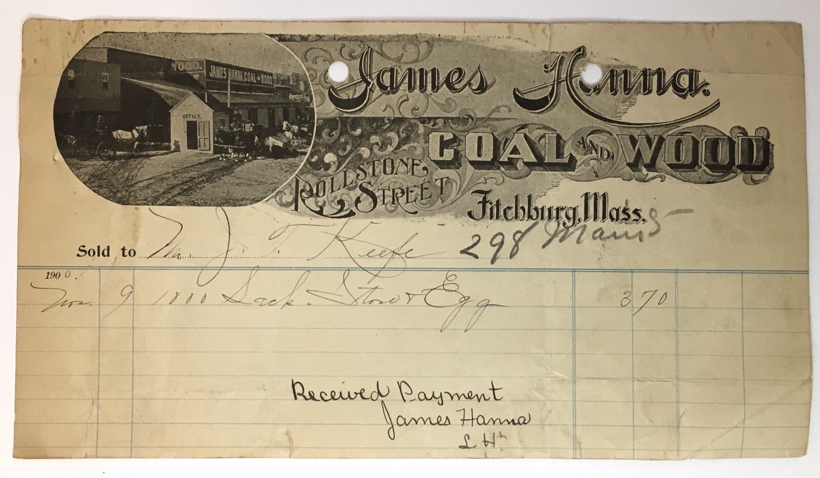 James Hanna Coal and Wool of All Kinds Antique Receipt of Payment Fitchburg MA