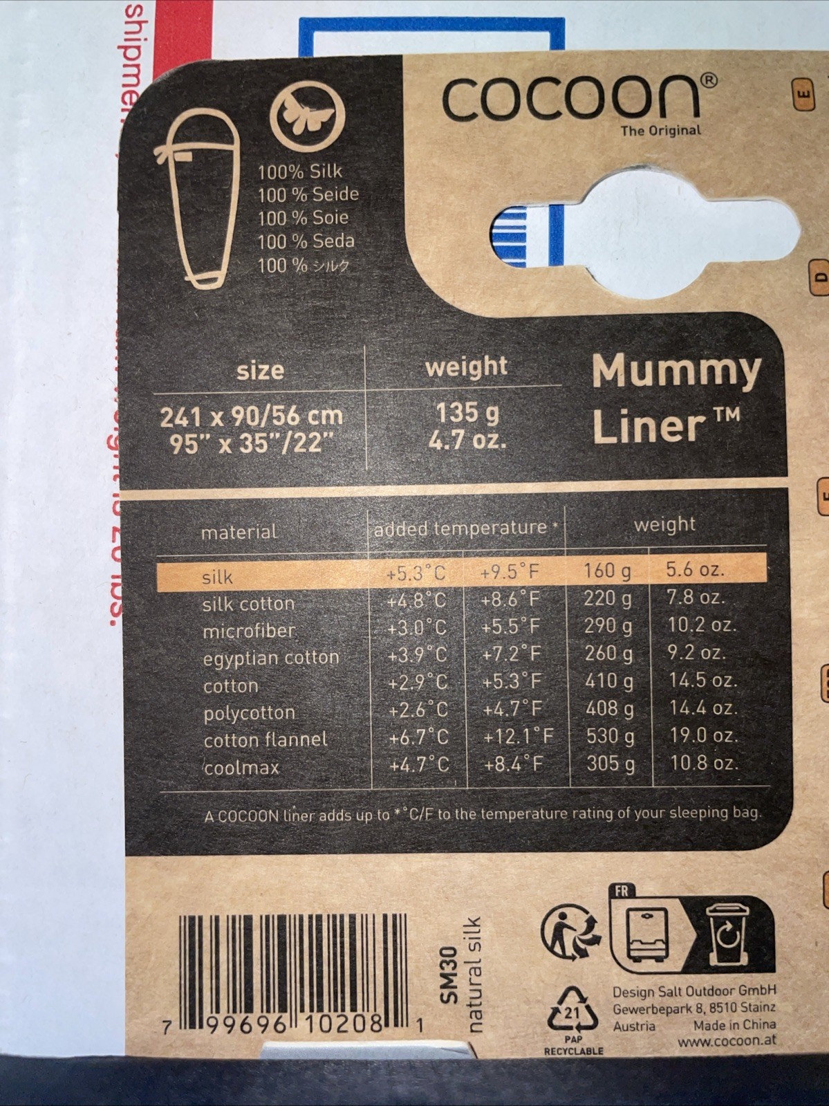 Cocoon 100% Silk Mummy Liner - White 135g 95” x 35”/22” BRAND NEW WITH TAGS