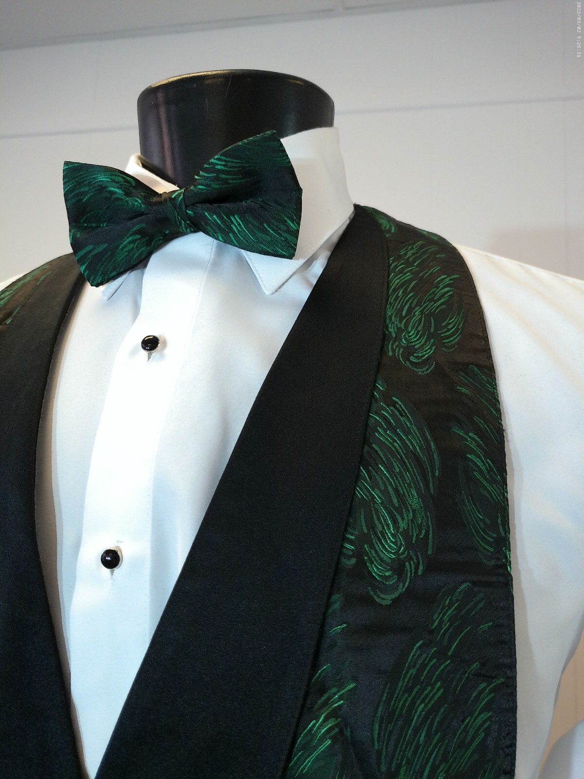 Men's Emerald Backless/Open Back Vest, Pre Tied Bow Tie, and Pocket Square