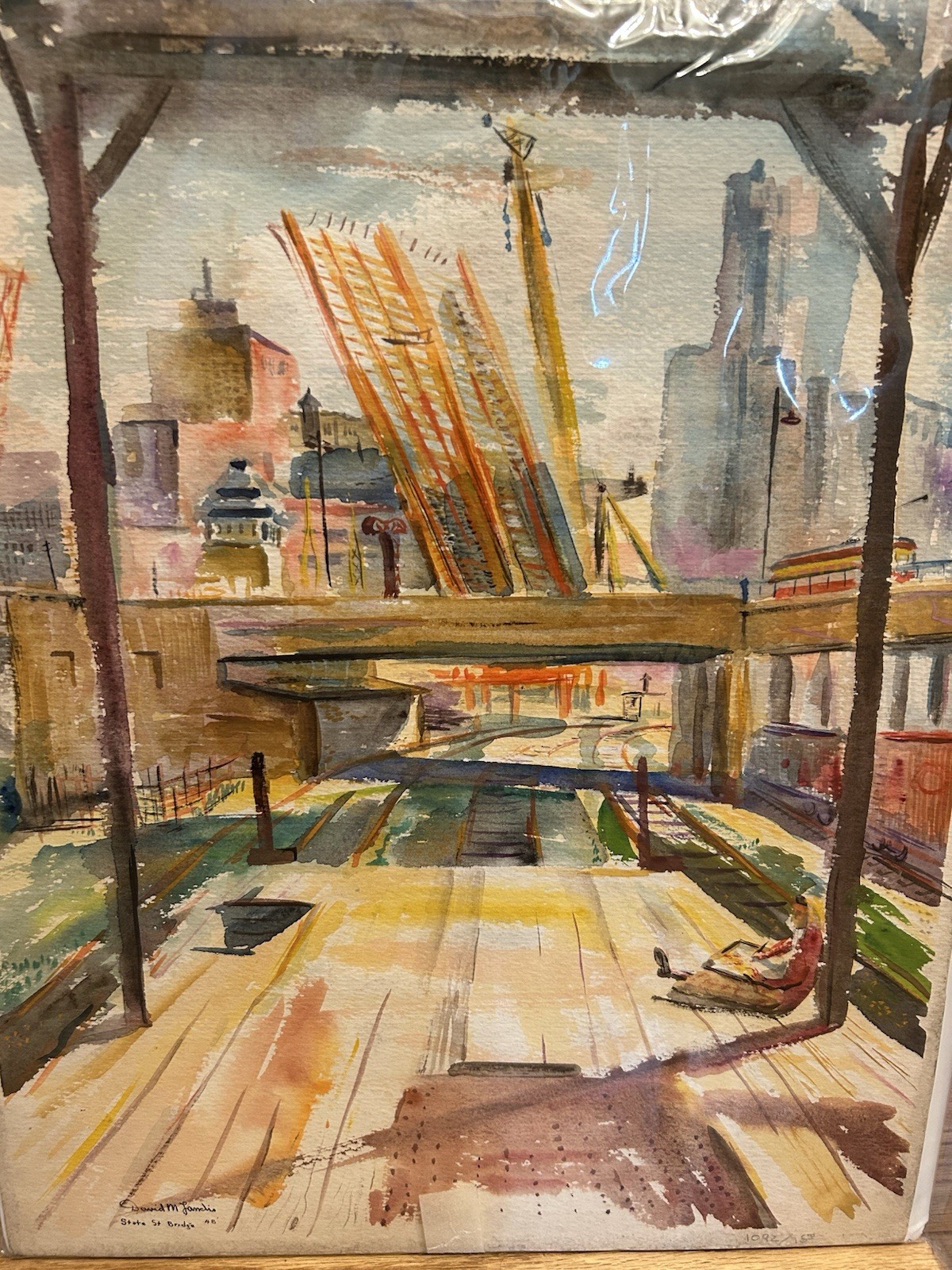 David Landis Chicago Modernist Artist Watercolor State Street Bridge 1948 Look!!