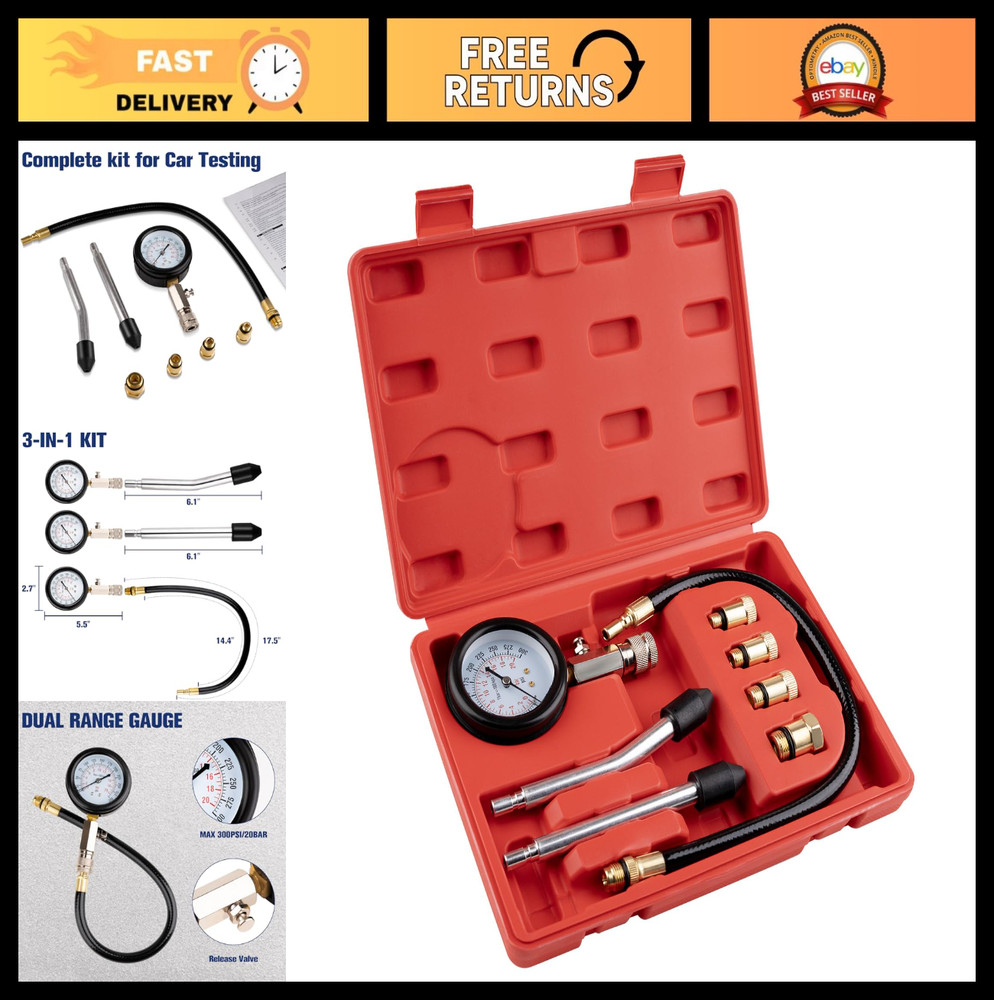 8pcs Engine Compression Tester Kit 0-300 PSI for Cars & Motorcycles, Portable Ca