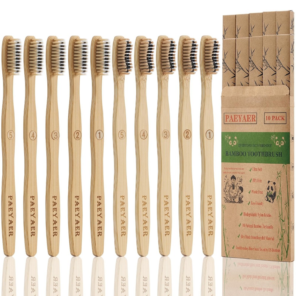 Bamboo Toothbrushes 10 Pack Biodegradable Soft Medium Charcoal Bristles