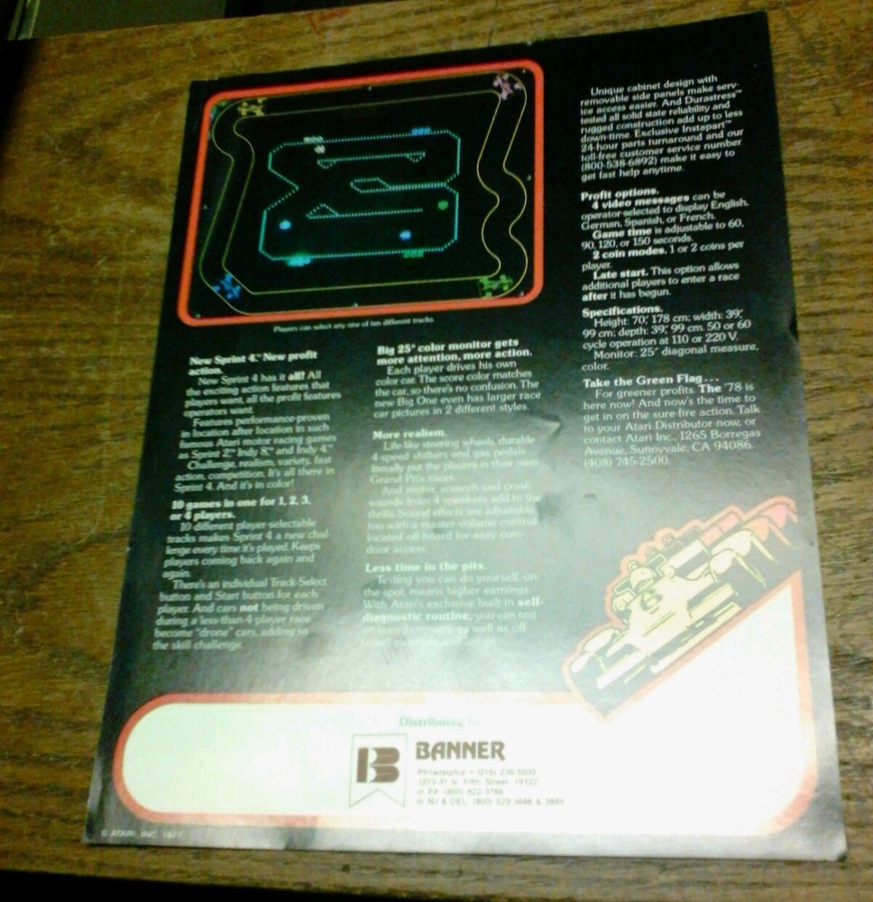 Atari SPRINT 4 Arcade Video Game flyer- original