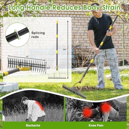 Thatch Rake Heavy Duty Metal Dethatcher Rake with Adjustable Long Handle 4.5FT