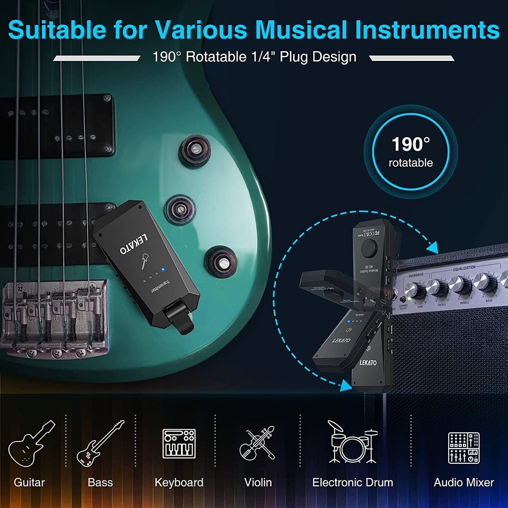 LEKATO Rechargeable Wireless Guitar System 5.8G Transmitter Receiver 4 Channels