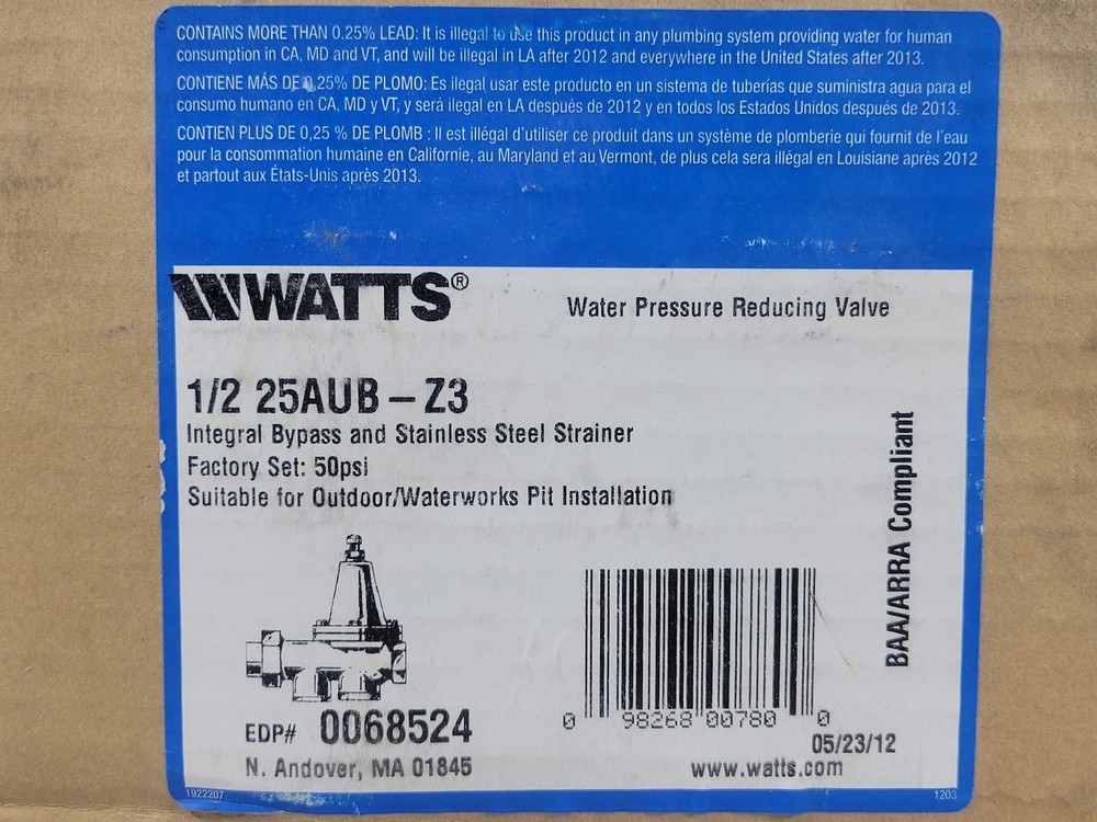 WATTS 1/2" Water Pressure Reducing Valves 25AUB-Z3