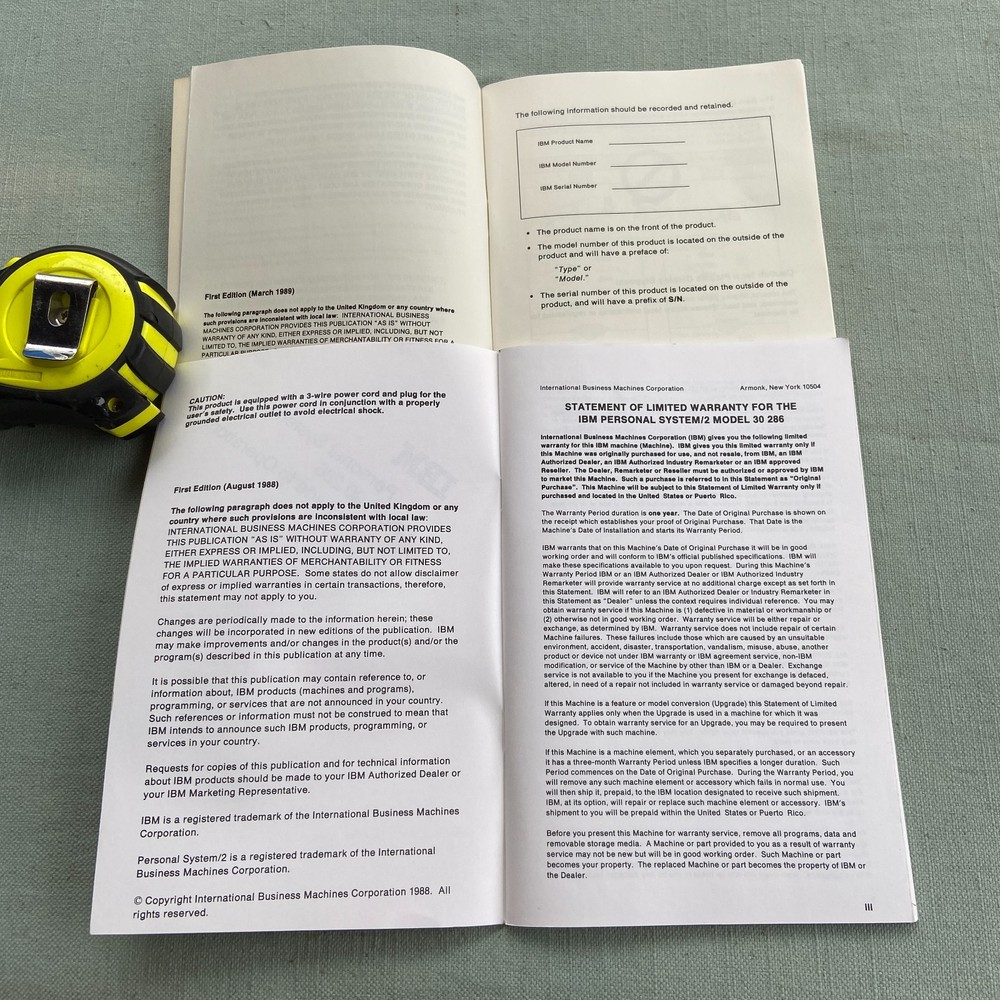 IBM Personal System PS/2 Quick Reference Guide P70 386 Model 30 286 Operations