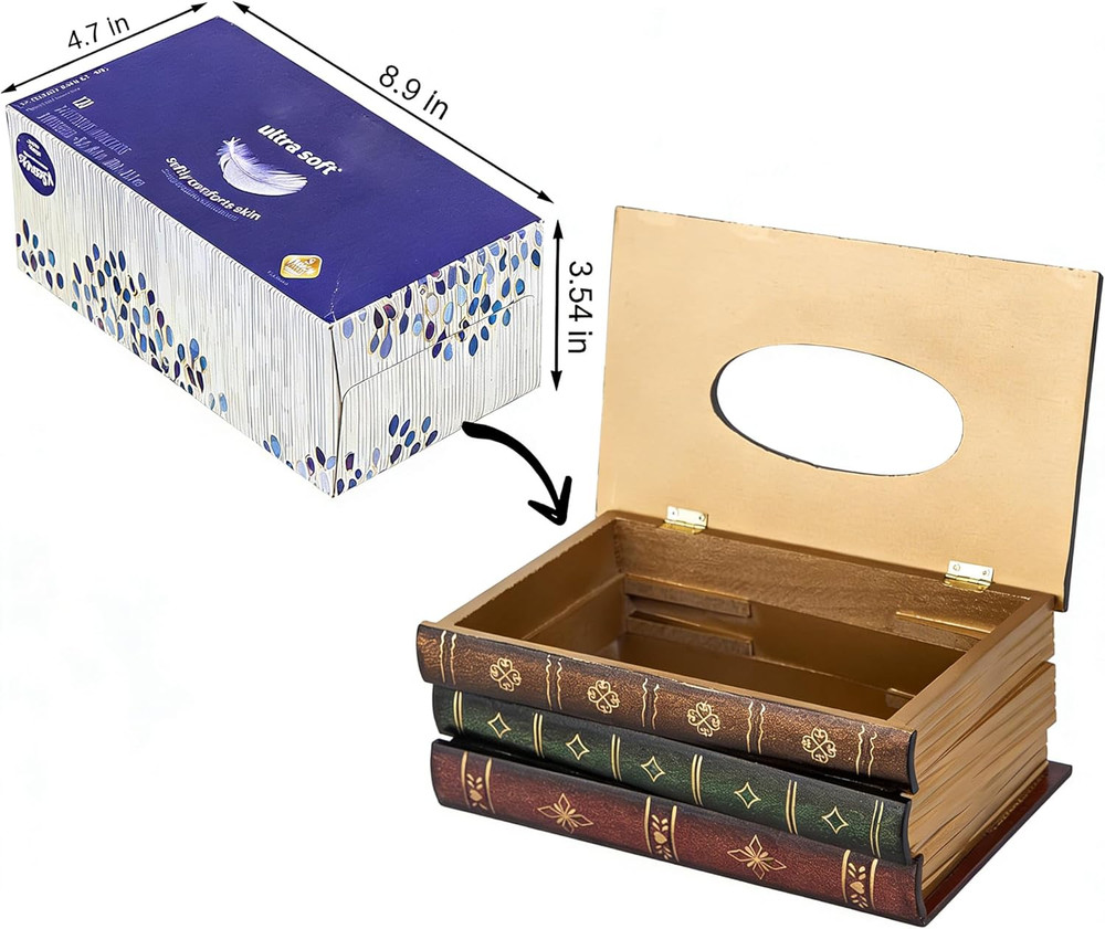Crafted Classical Retro Wooden Antique Book Tissue Box Cover Rectangular Tissue