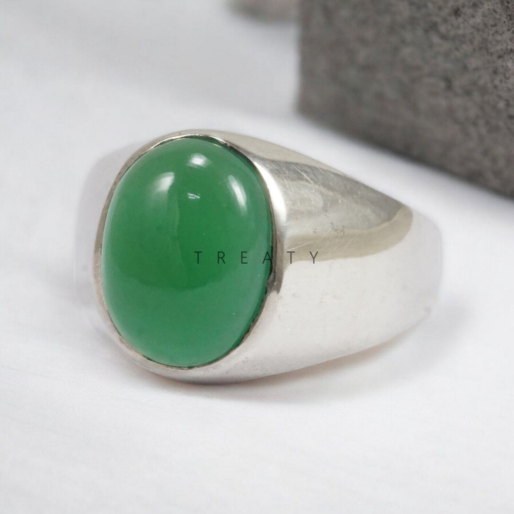 Jade Oval Cut Gemstone With 14K Solid White Gold Ring For Men's #992