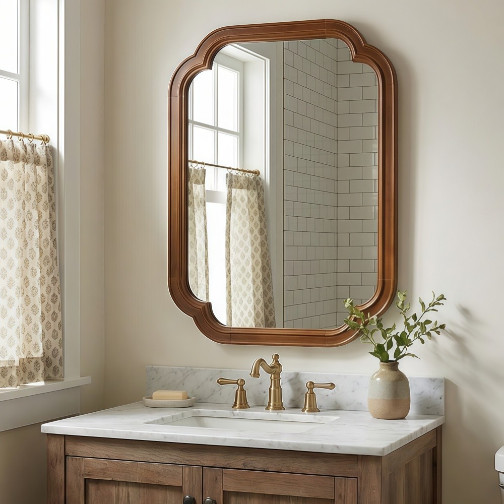 24x36 Solid Walnut Wall Mirror with Tempered Glass, Round Corner Art Deco
