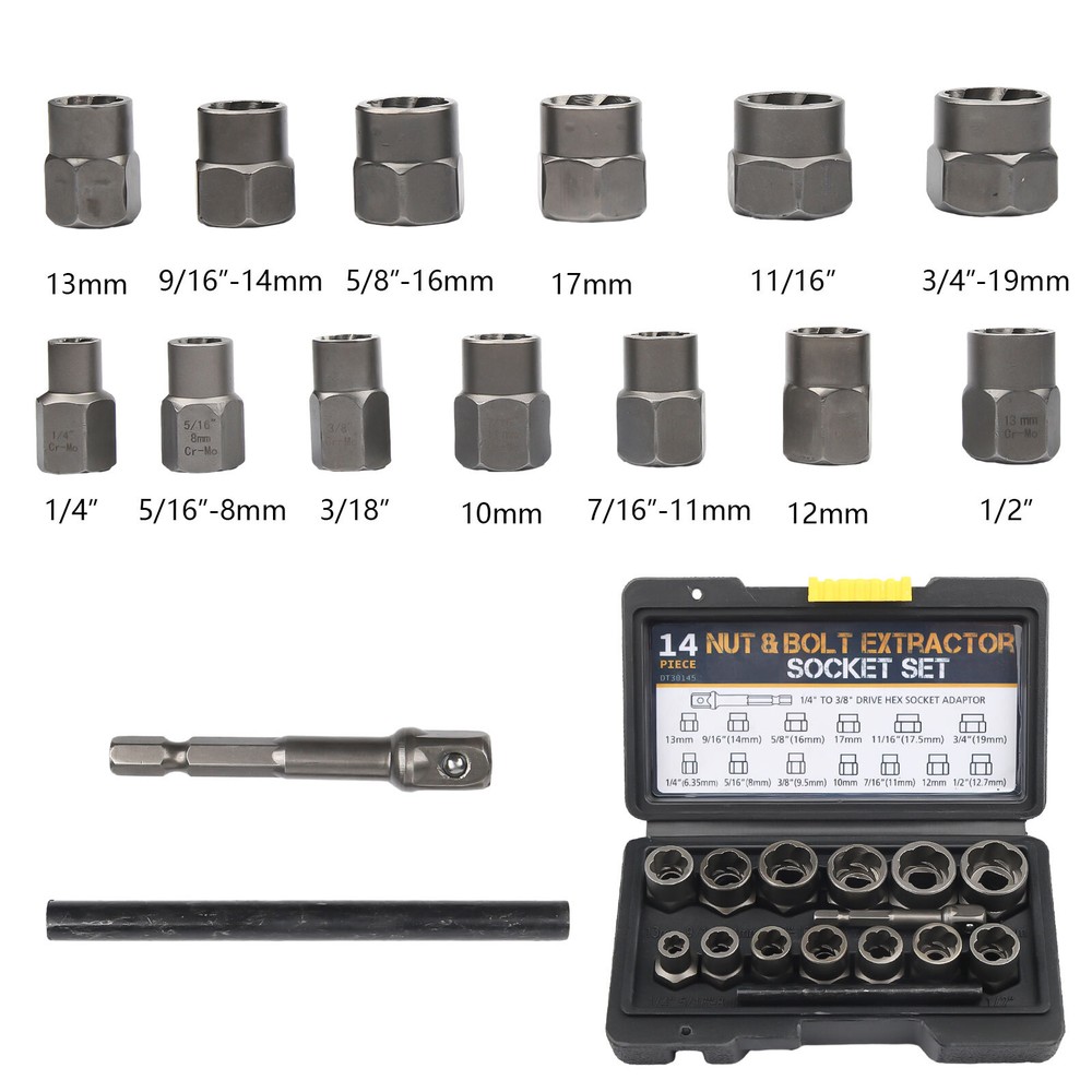 15PC Impact Bolt & Nut Remover Set Extractor Damaged Rusted Adapter Storage Case
