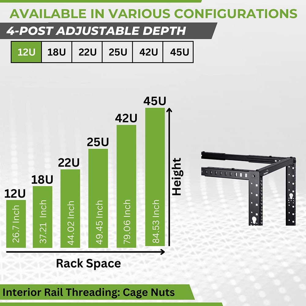 NavePoint 4-Post Open Frame Racks 19-inch Standard, Adjustable 22"-40", Square