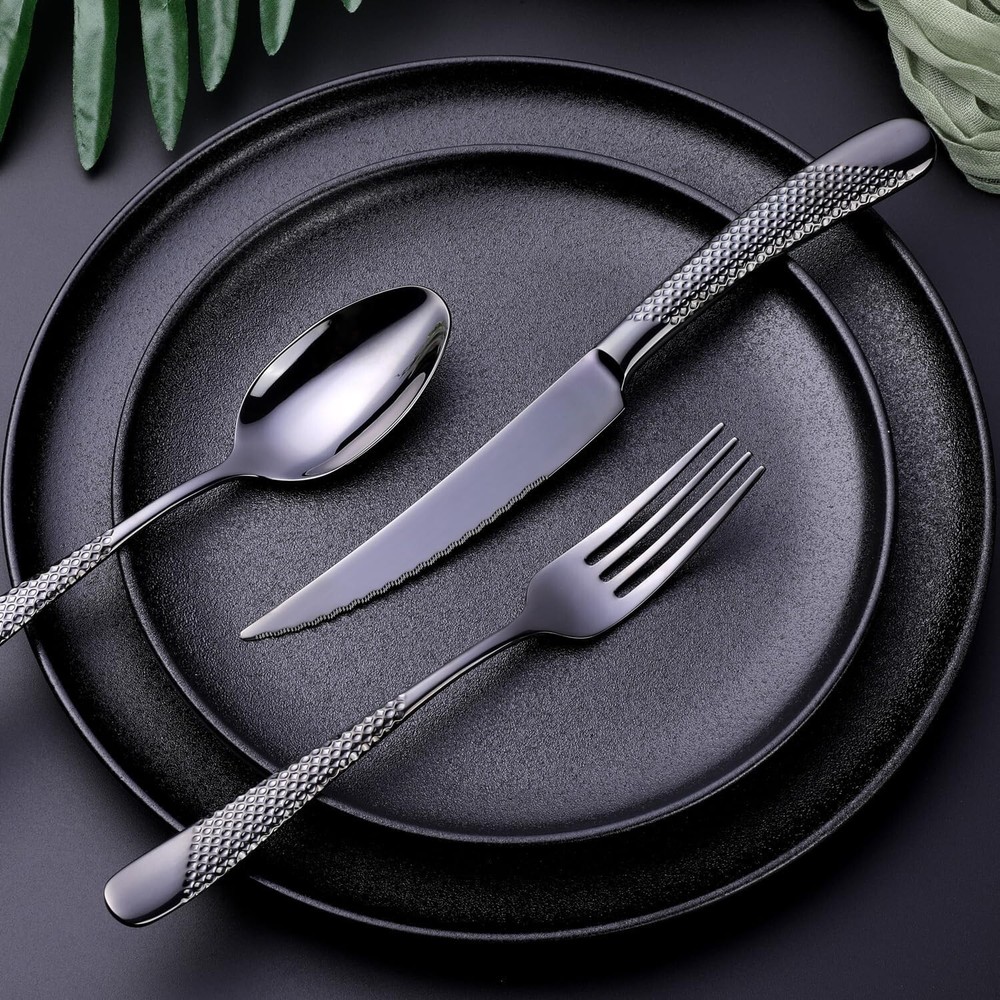 Premium 24-Piece Hammered Black Flatware Set - Mirror Polished & Dishwasher Safe