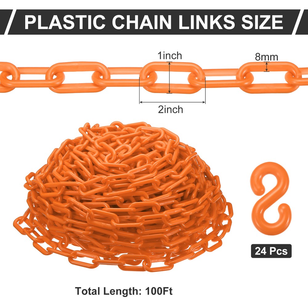 Plastic Chain Links, 100 Foot 2" Safety Chains, Orange Plastic Chains